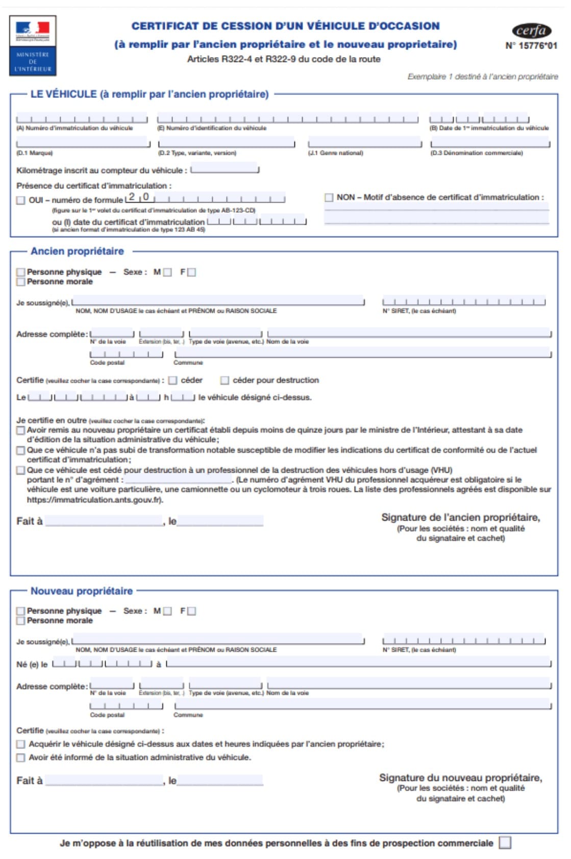 Déclaration de cession d'un véhicule
